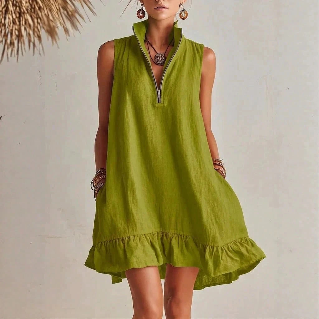 KZKZWK Women's Linen-Blend Sleeveless Mini Dress, Half Zip Stand Collar Ruffle Hem Casual Shift Dress With Pockets