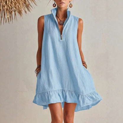 KZKZWK Women's Linen-Blend Sleeveless Mini Dress, Half Zip Stand Collar Ruffle Hem Casual Shift Dress With Pockets