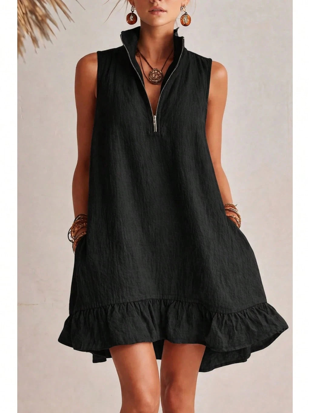 KZKZWK Women's Linen-Blend Sleeveless Mini Dress, Half Zip Stand Collar Ruffle Hem Casual Shift Dress With Pockets