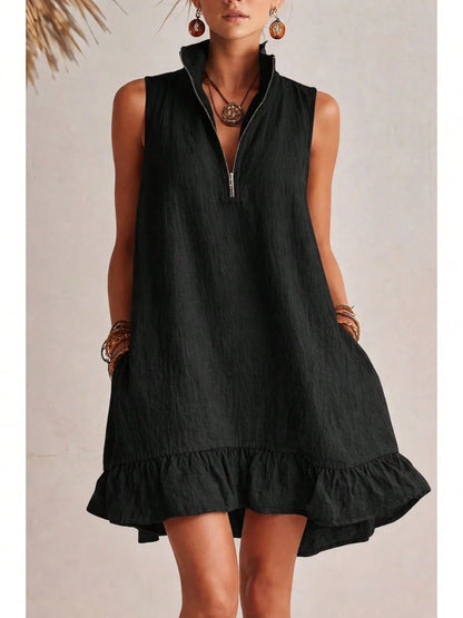 KZKZWK Women's Linen-Blend Sleeveless Mini Dress, Half Zip Stand Collar Ruffle Hem Casual Shift Dress With Pockets