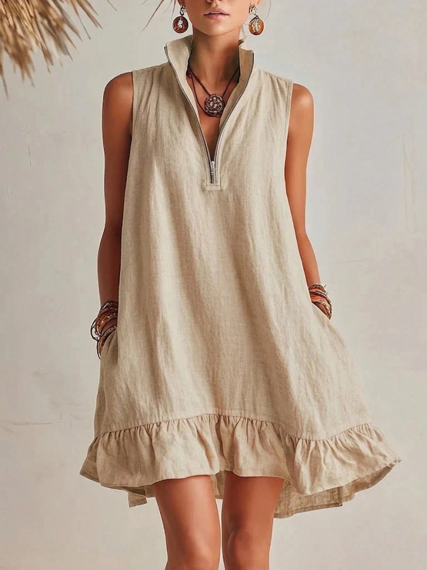 KZKZWK Women's Linen-Blend Sleeveless Mini Dress, Half Zip Stand Collar Ruffle Hem Casual Shift Dress With Pockets