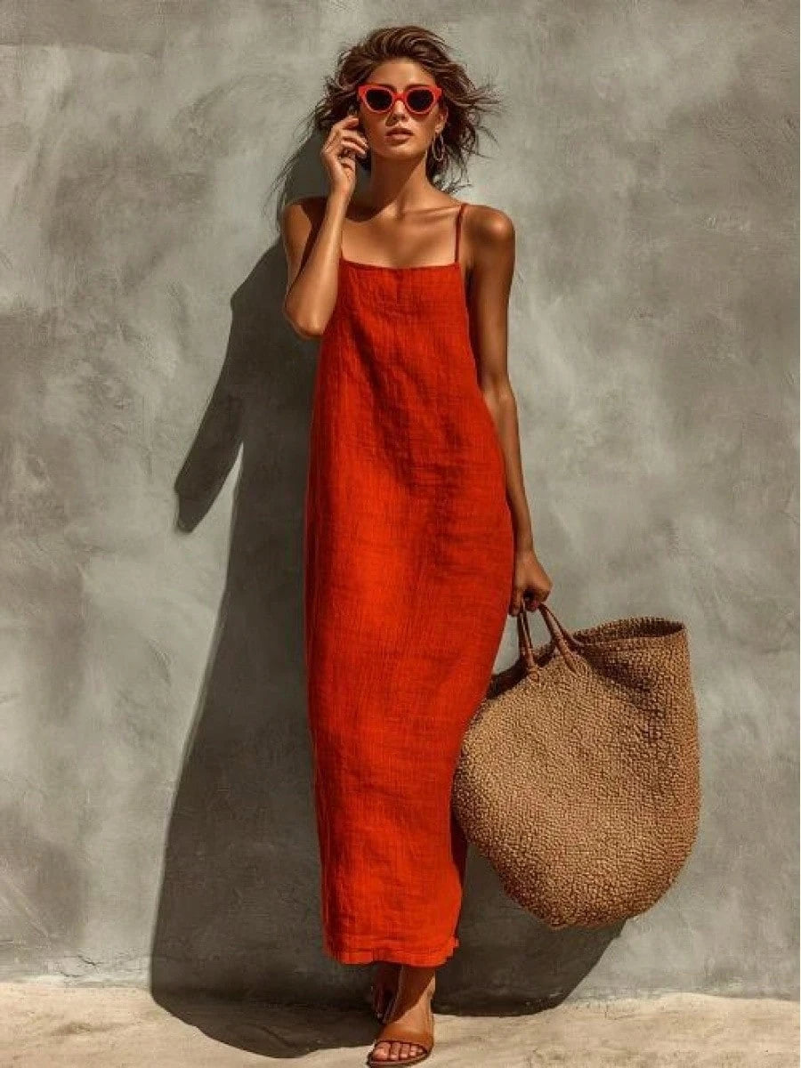 KZKZWK Women's Linen Blend Slip Maxi Dress, Square Neck Sleeveless Casual Dress For Beach & Vacation