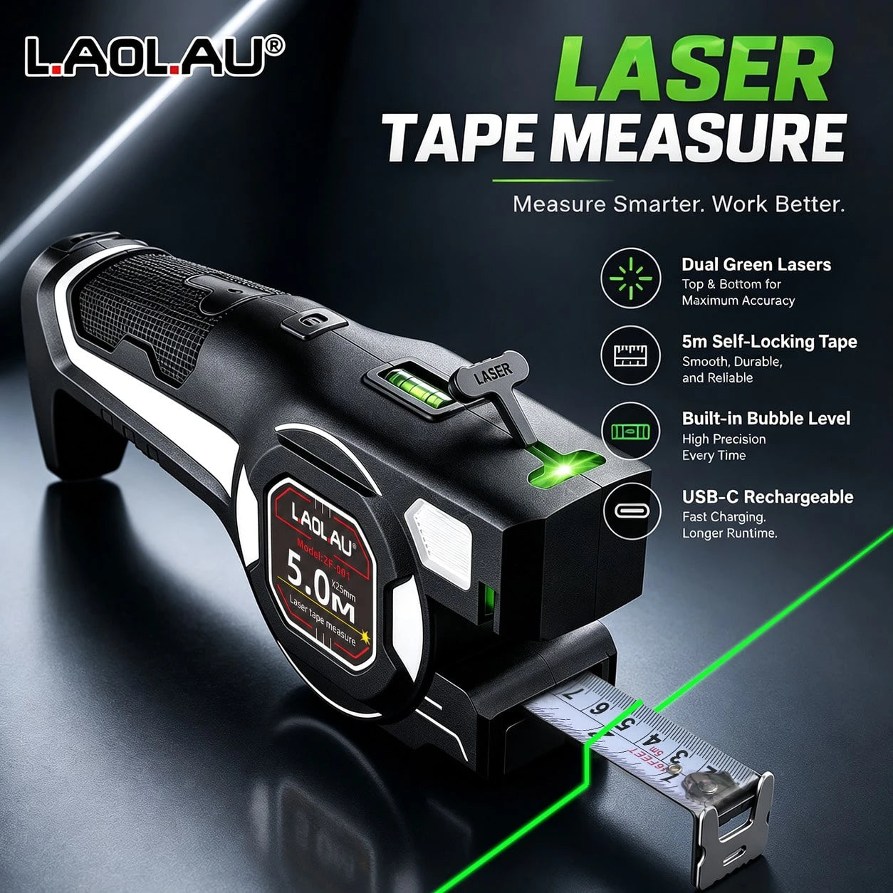 L.A.OL.A.U LAOLAU 3-In-1 Laser Tape Measure, 16ft/5m Auto-Locking Tape Measure With Dual Green Laser Level, High Precision Leveling Tool For Construction, Woodworking, DIY Crafts And Home Renovation P