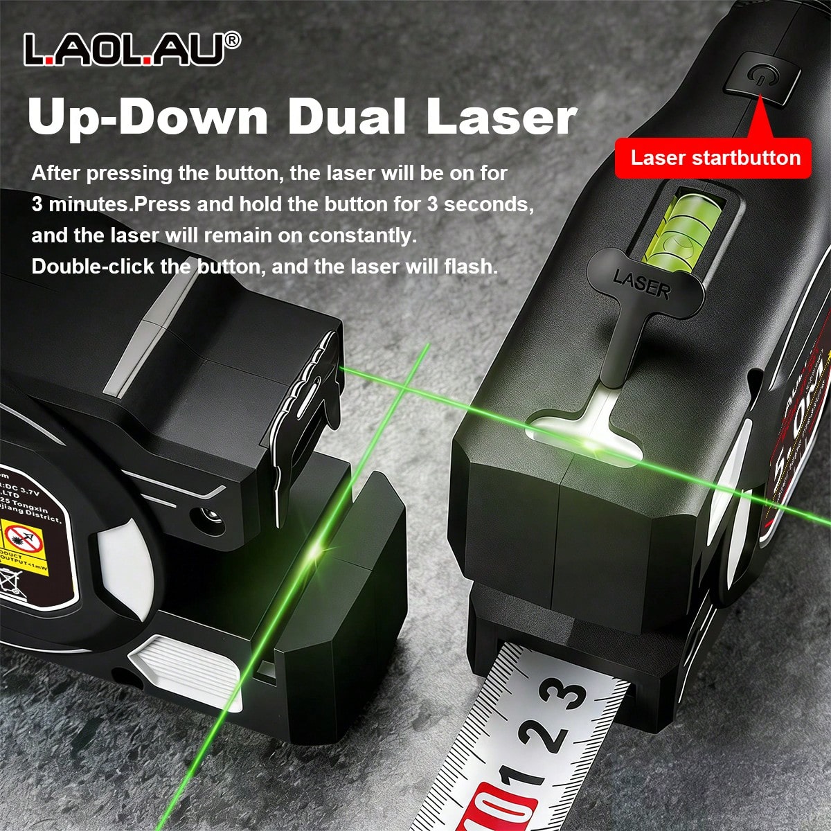 L.A.OL.A.U LAOLAU 3-In-1 Laser Tape Measure, 16ft/5m Auto-Locking Tape Measure With Dual Green Laser Level, High Precision Leveling Tool For Construction, Woodworking, DIY Crafts And Home Renovation P