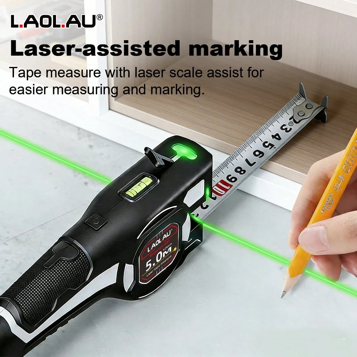 L.A.OL.A.U LAOLAU 3-In-1 Laser Tape Measure, 16ft/5m Auto-Locking Tape Measure With Dual Green Laser Level, High Precision Leveling Tool For Construction, Woodworking, DIY Crafts And Home Renovation P
