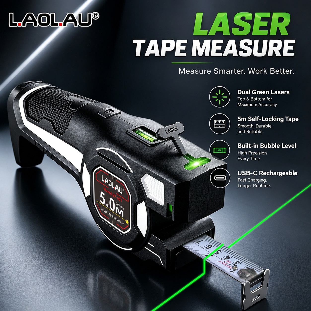 L.A.OL.A.U LAOLAU 3-In-1 Laser Tape Measure, 16ft/5m Auto-Locking Tape Measure With Dual Green Laser Level, High Precision Leveling Tool For Construction, Woodworking, DIY Crafts And Home Renovation P