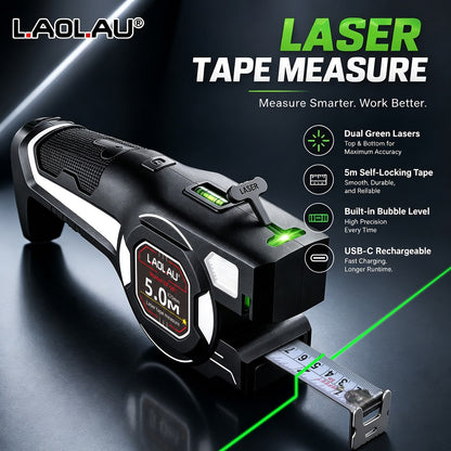 L.A.OL.A.U LAOLAU 3-In-1 Laser Tape Measure, 16ft/5m Auto-Locking Tape Measure With Dual Green Laser Level, High Precision Leveling Tool For Construction, Woodworking, DIY Crafts And Home Renovation P