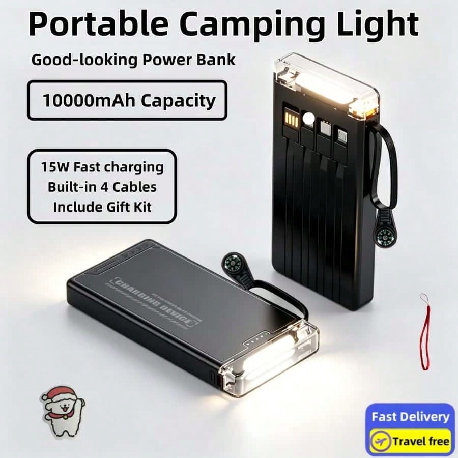 LADAPU 10000mAh 15W Fast Charging Multifunctional Power Bank With Flashlight, Ultra-Bright LED Camping Light, Rechargeable Portable Mobile Phone Charger, Built-In 4 Cables, USB-C Input & Output, Outdo
