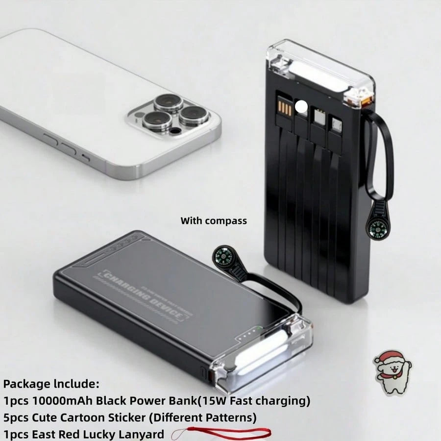 LADAPU 10000mAh 15W Fast Charging Multifunctional Power Bank With Flashlight, Ultra-Bright LED Camping Light, Rechargeable Portable Mobile Phone Charger, Built-In 4 Cables, USB-C Input & Output, Outdo