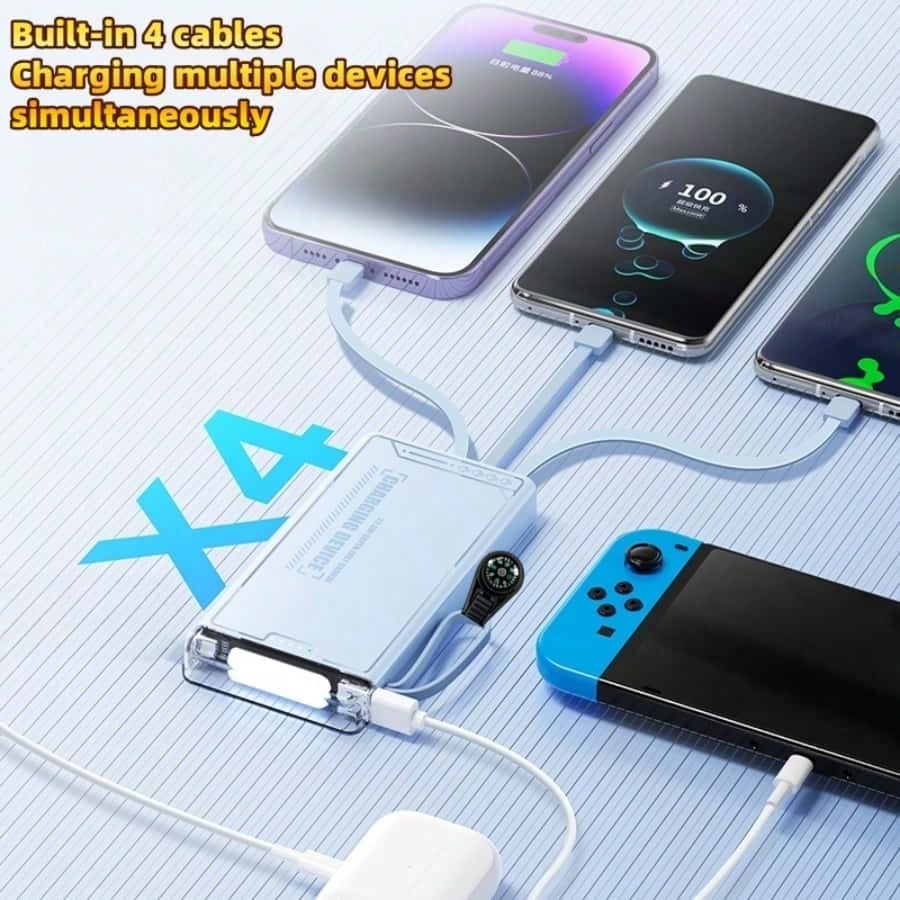 LADAPU 10000mAh 15W Fast Charging Multifunctional Power Bank With Flashlight, Ultra-Bright LED Camping Light, Rechargeable Portable Mobile Phone Charger, Built-In 4 Cables, USB-C Input & Output, Outdo