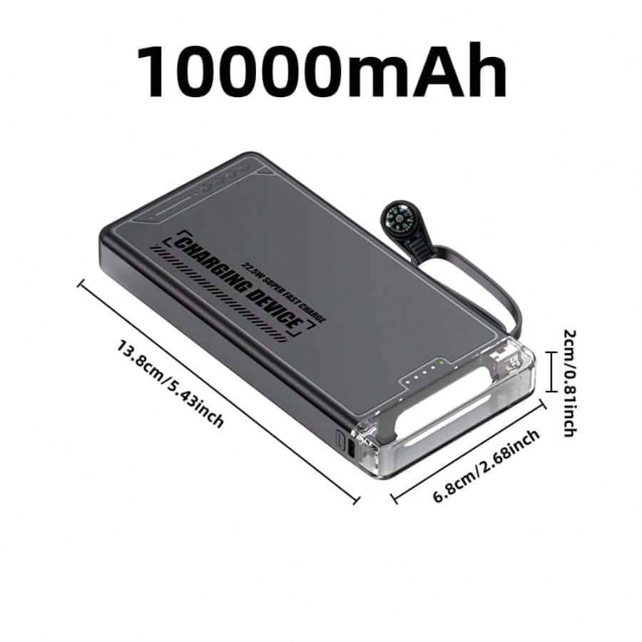 LADAPU 10000mAh 15W Fast Charging Multifunctional Power Bank With Flashlight, Ultra-Bright LED Camping Light, Rechargeable Portable Mobile Phone Charger, Built-In 4 Cables, USB-C Input & Output, Outdo