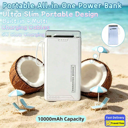 LADAPU 10000mAh 5W Fast Charging Multifunctional Power Bank, Ultra-Bright LeD CampingLight, Rechargeable Portable Mobile Phone Charger, Built-In 4 Cables, UsB-C Input & OutputMicro, Type-C Input, Out