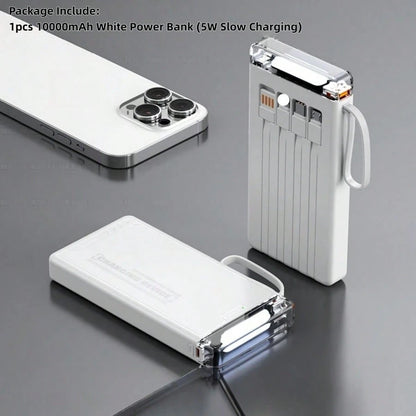 LADAPU 10000mAh 5W Fast Charging Multifunctional Power Bank, Ultra-Bright LeD CampingLight, Rechargeable Portable Mobile Phone Charger, Built-In 4 Cables, UsB-C Input & OutputMicro, Type-C Input, Out