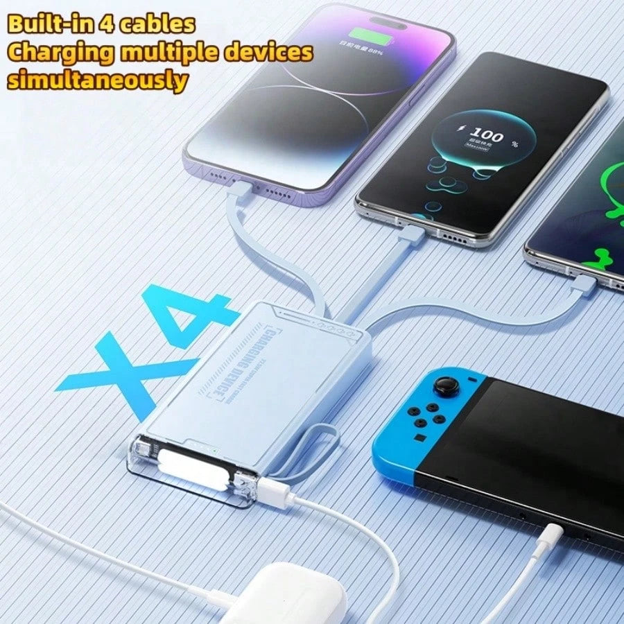 LADAPU 10000mAh 5W Fast Charging Multifunctional Power Bank, Ultra-Bright LeD CampingLight, Rechargeable Portable Mobile Phone Charger, Built-In 4 Cables, UsB-C Input & OutputMicro, Type-C Input, Out