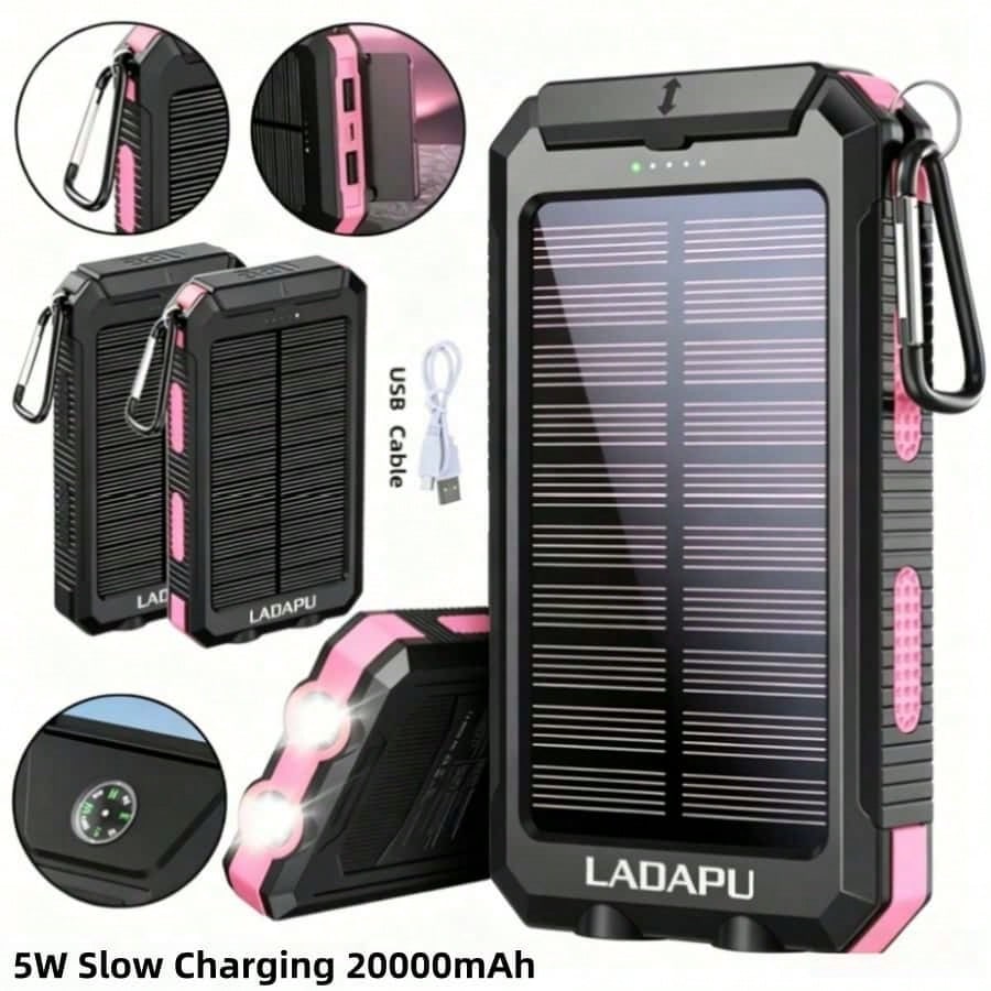 LADAPU 20000mAh 5V2A Fast Charging Multifunctional Solar Panel Power Bank With Ultra-Bright LED Light, Large Capacity Rechargeable Portable Mobile Phone Charger, Dual Flashlights, Dual Usb Port, Outdo
