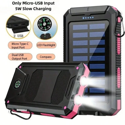 LADAPU 20000mAh 5V2A Fast Charging Multifunctional Solar Panel Power Bank With Ultra-Bright LED Light, Large Capacity Rechargeable Portable Mobile Phone Charger, Dual Flashlights, Dual Usb Port, Outdo