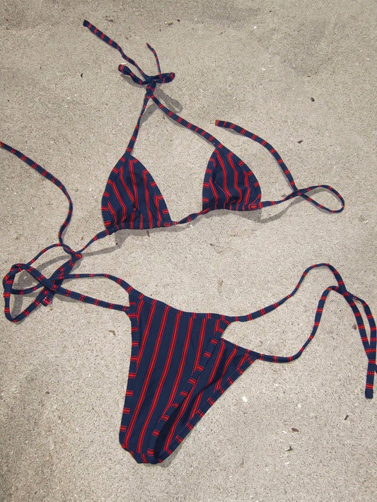 Ladies' 2026 Spring Summer Red & Beige Striped Halter Bikini Swimwear, Triangle Top & Tie Side Bottom Set For Beach & Vacation