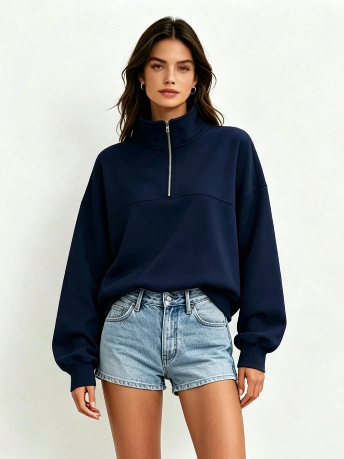 Ladies Fall Solid Half Zip Sweatshirt,Minimal Elegant Oversized Collar Pullover,All Seasons Top For Travel,Commute,Date,Holiday,Party,Vacation,Daily