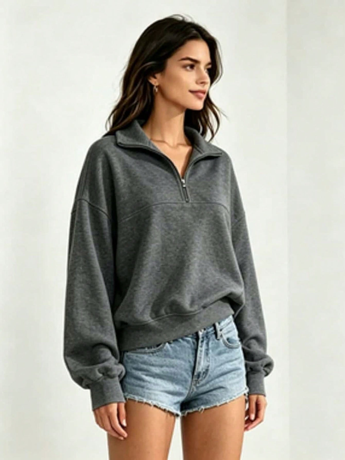 Ladies Fall Solid Half Zip Sweatshirt,Minimal Elegant Oversized Collar Pullover,All Seasons Top For Travel,Commute,Date,Holiday,Party,Vacation,Daily