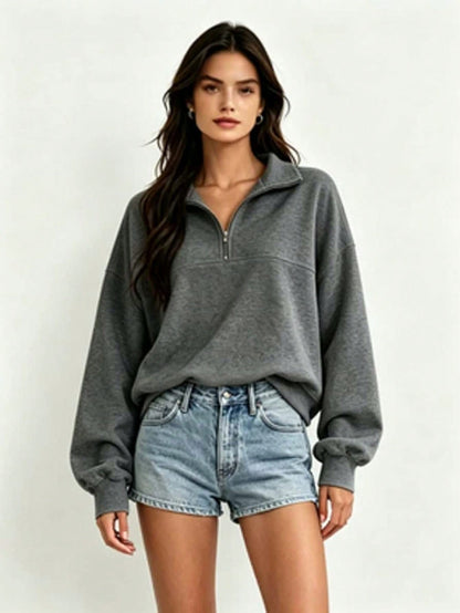 Ladies Fall Solid Half Zip Sweatshirt,Minimal Elegant Oversized Collar Pullover,All Seasons Top For Travel,Commute,Date,Holiday,Party,Vacation,Daily