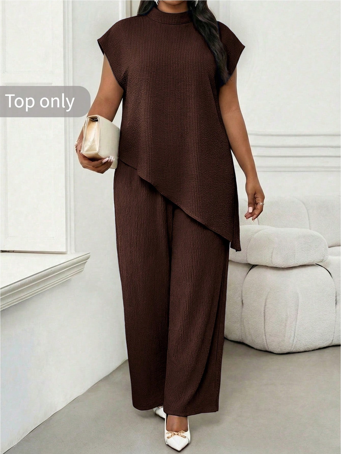 Lady Plus Size Women's Solid Color Stand Collar Top And Long Pants Casual Elegant Everyday Set Office Tea Party Party Brown Summer