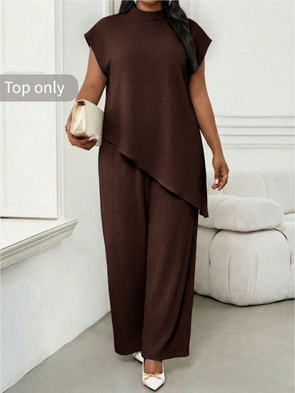 Lady Plus Size Women's Solid Color Stand Collar Top And Long Pants Casual Elegant Everyday Set Office Tea Party Party Brown Summer