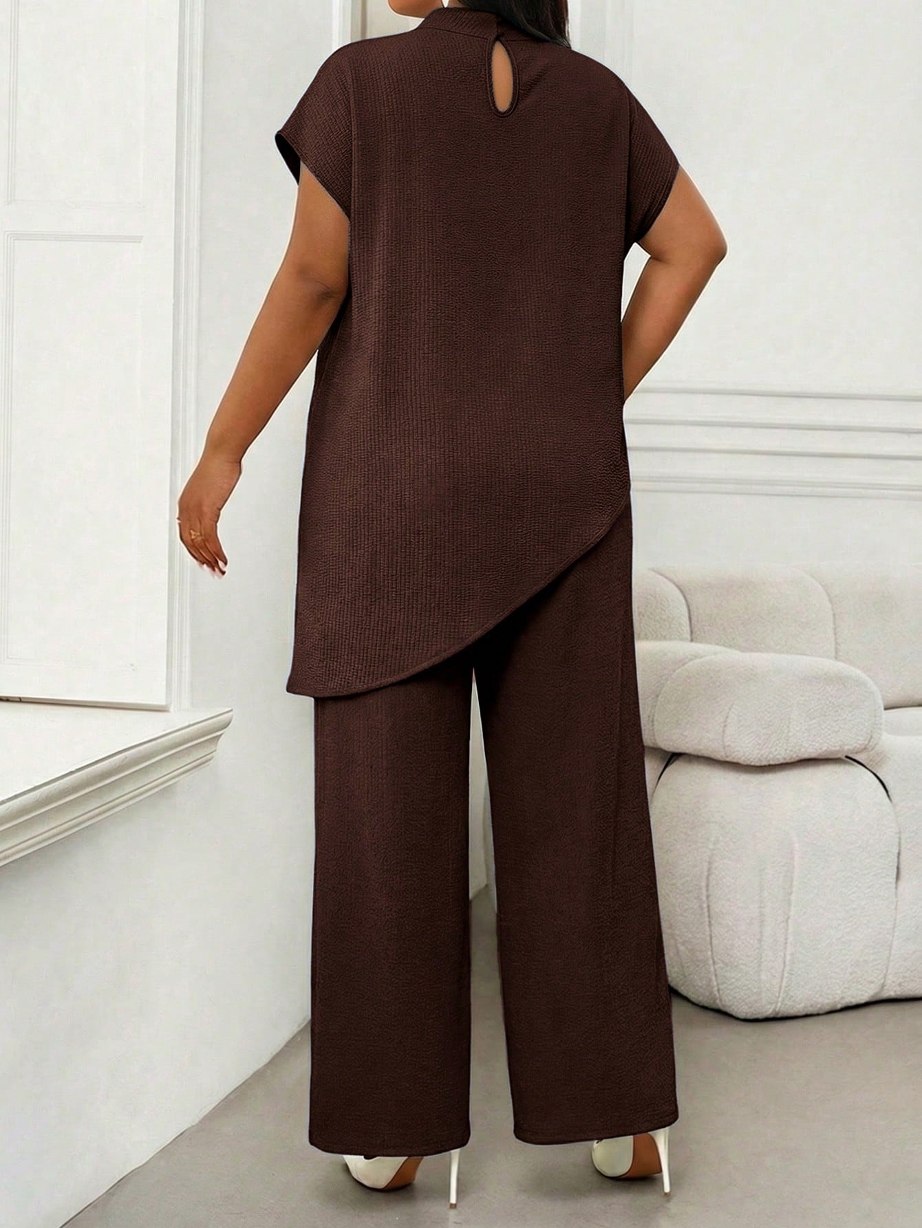 Lady Plus Size Women's Solid Color Stand Collar Top And Long Pants Casual Elegant Everyday Set Office Tea Party Party Brown Summer