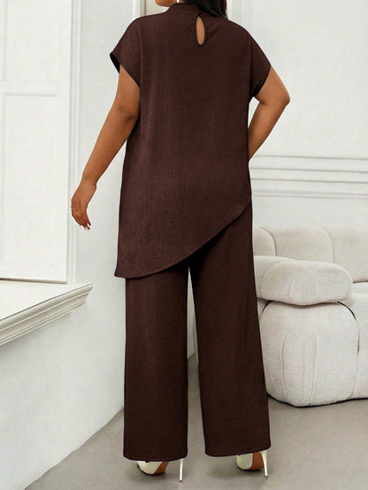 Lady Plus Size Women's Solid Color Stand Collar Top And Long Pants Casual Elegant Everyday Set Office Tea Party Party Brown Summer