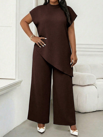 Lady Plus Size Women's Solid Color Stand Collar Top And Long Pants Casual Elegant Everyday Set Office Tea Party Party Brown Summer