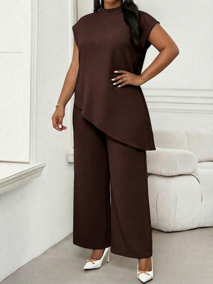 Lady Plus Size Women's Solid Color Stand Collar Top And Long Pants Casual Elegant Everyday Set Office Tea Party Party Brown Summer