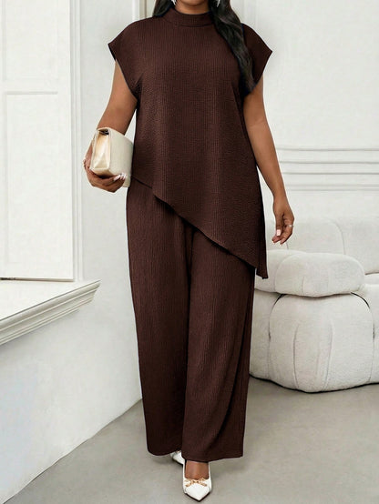 Lady Plus Size Women's Solid Color Stand Collar Top And Long Pants Casual Elegant Everyday Set Office Tea Party Party Brown Summer