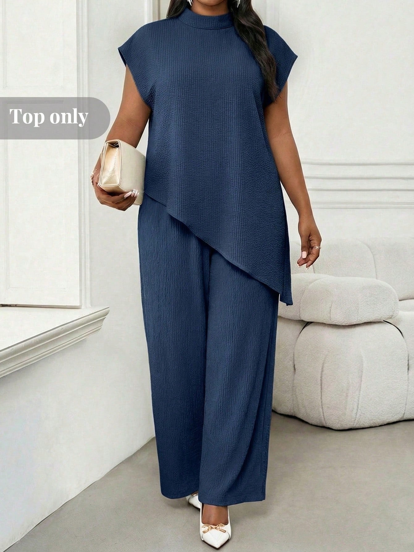 Lady Plus Size Women's Solid Color Stand Collar Top And Long Pants Casual Elegant Everyday Set Office Tea Party Party Brown Summer