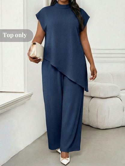 Lady Plus Size Women's Solid Color Stand Collar Top And Long Pants Casual Elegant Everyday Set Office Tea Party Party Brown Summer