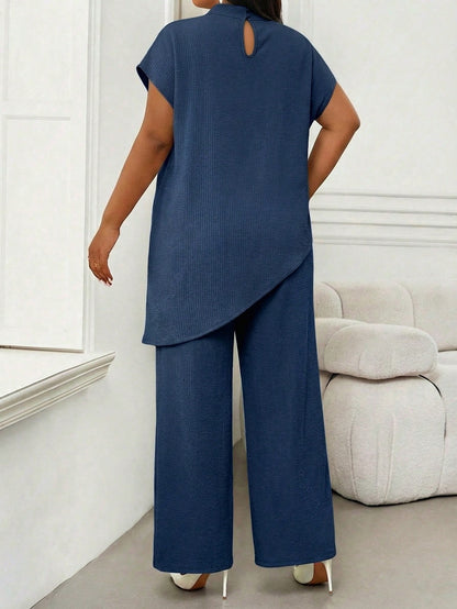 Lady Plus Size Women's Solid Color Stand Collar Top And Long Pants Casual Elegant Everyday Set Office Tea Party Party Brown Summer