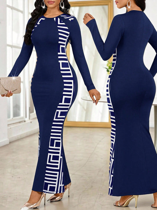 Lady Women's Elegant Geometric Print Fishtail Hem Bodycon Dress,Navy Blue And White Long Sleeve Patchwork Dress For Autumn Party Night Carnival Costume