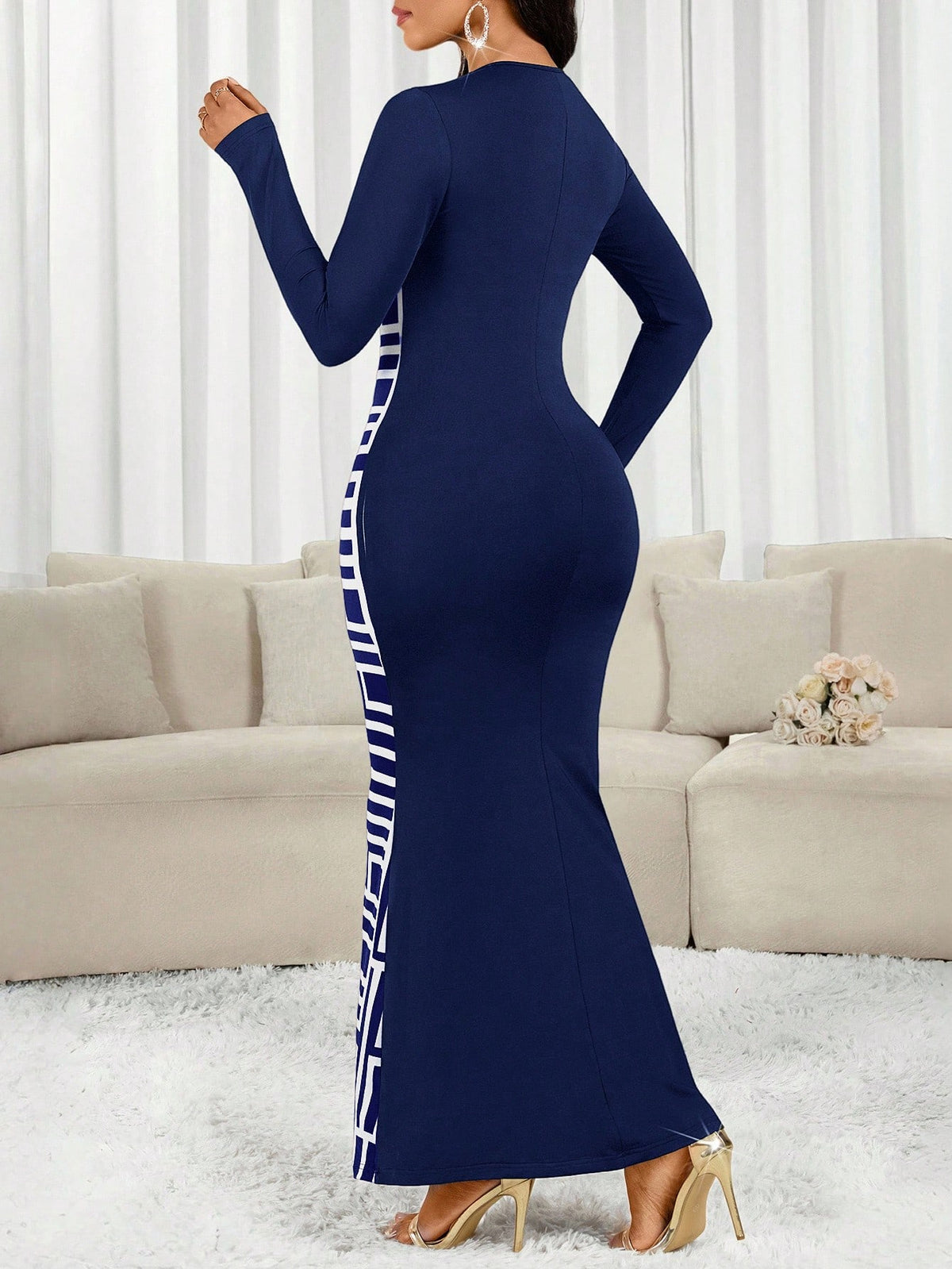 Lady Women's Elegant Geometric Print Fishtail Hem Bodycon Dress,Navy Blue And White Long Sleeve Patchwork Dress For Autumn Party Night Carnival Costume