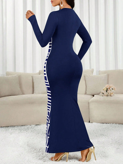 Lady Women's Elegant Geometric Print Fishtail Hem Bodycon Dress,Navy Blue And White Long Sleeve Patchwork Dress For Autumn Party Night Carnival Costume