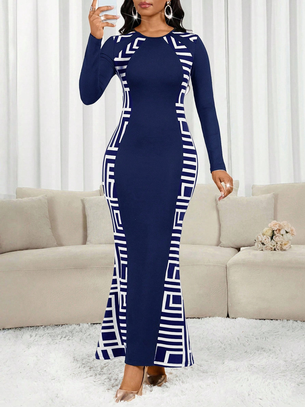 Lady Women's Elegant Geometric Print Fishtail Hem Bodycon Dress,Navy Blue And White Long Sleeve Patchwork Dress For Autumn Party Night Carnival Costume
