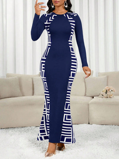 Lady Women's Elegant Geometric Print Fishtail Hem Bodycon Dress,Navy Blue And White Long Sleeve Patchwork Dress For Autumn Party Night Carnival Costume