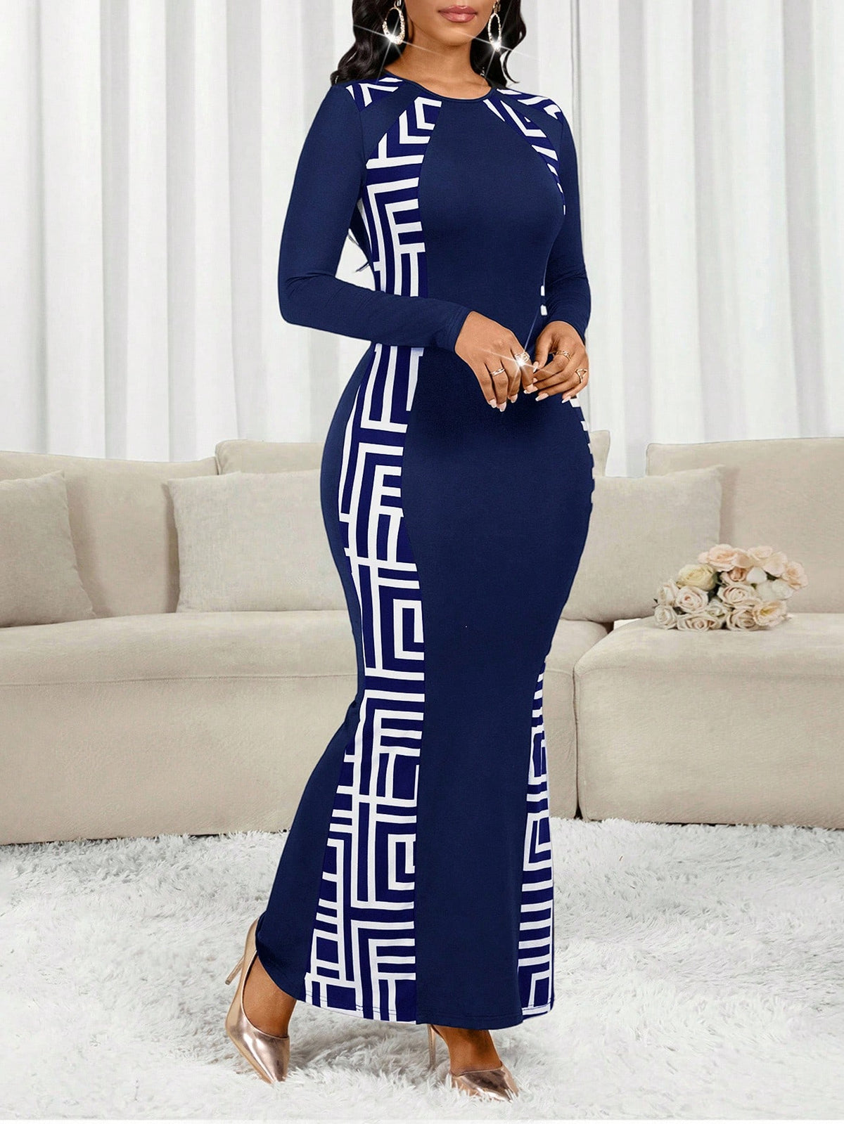 Lady Women's Elegant Geometric Print Fishtail Hem Bodycon Dress,Navy Blue And White Long Sleeve Patchwork Dress For Autumn Party Night Carnival Costume
