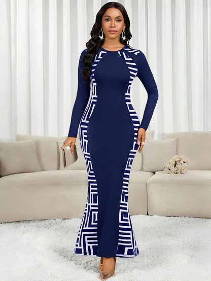 Lady Women's Elegant Geometric Print Fishtail Hem Bodycon Dress,Navy Blue And White Long Sleeve Patchwork Dress For Autumn Party Night Carnival Costume