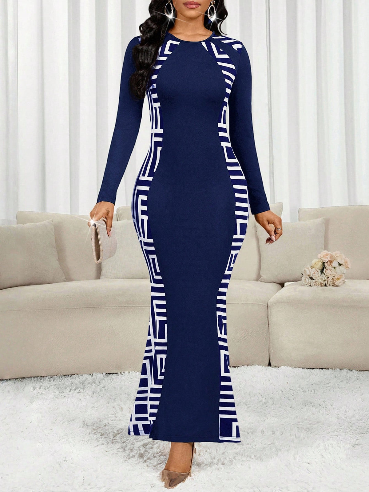 Lady Women's Elegant Geometric Print Fishtail Hem Bodycon Dress,Navy Blue And White Long Sleeve Patchwork Dress For Autumn Party Night Carnival Costume