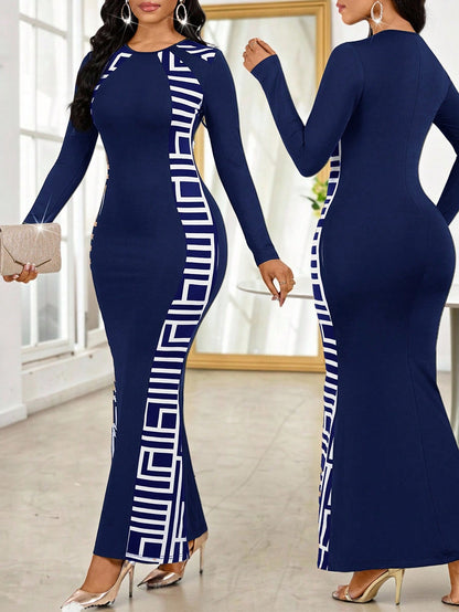 Lady Women's Elegant Geometric Print Fishtail Hem Bodycon Dress,Navy Blue And White Long Sleeve Patchwork Dress For Autumn Party Night Carnival Costume