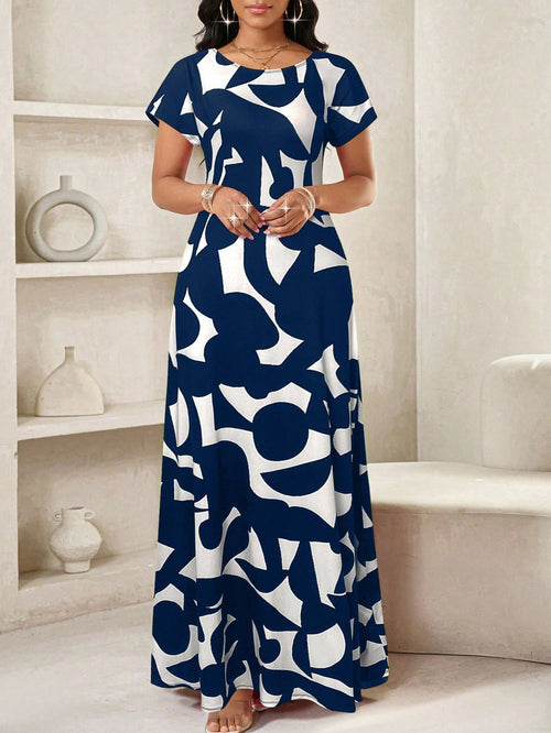 Lady Women's Geometric Print Round Neck Short Sleeve Elegant Maxi Dress,Navy Blue And White,Summer Casual Vacation Beach Dress,Spring Break Outfits