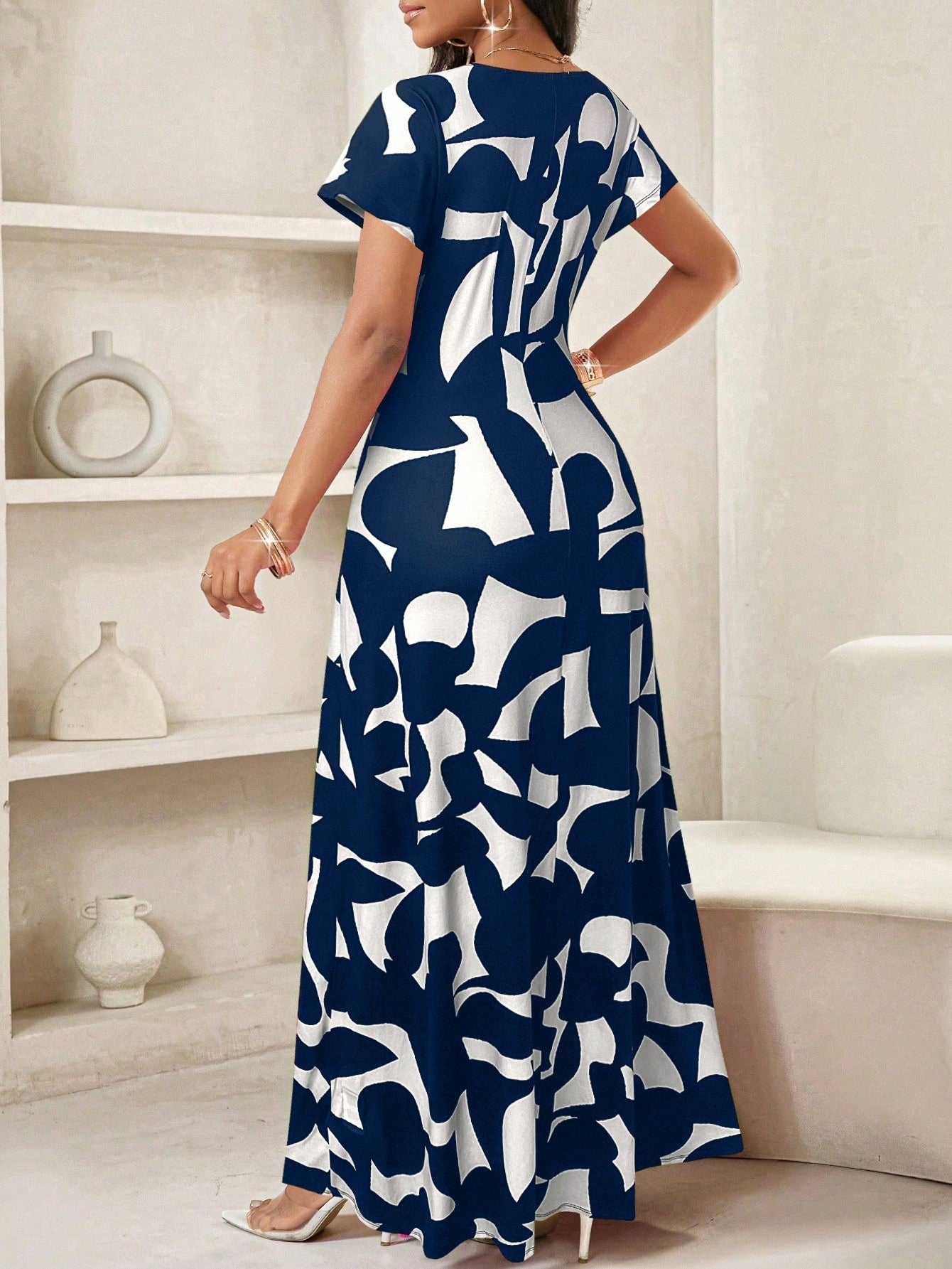 Lady Women's Geometric Print Round Neck Short Sleeve Elegant Maxi Dress,Navy Blue And White,Summer Casual Vacation Beach Dress,Spring Break Outfits
