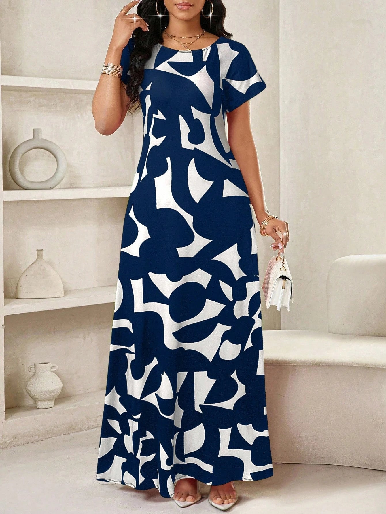 Lady Women's Geometric Print Round Neck Short Sleeve Elegant Maxi Dress,Navy Blue And White,Summer Casual Vacation Beach Dress,Spring Break Outfits