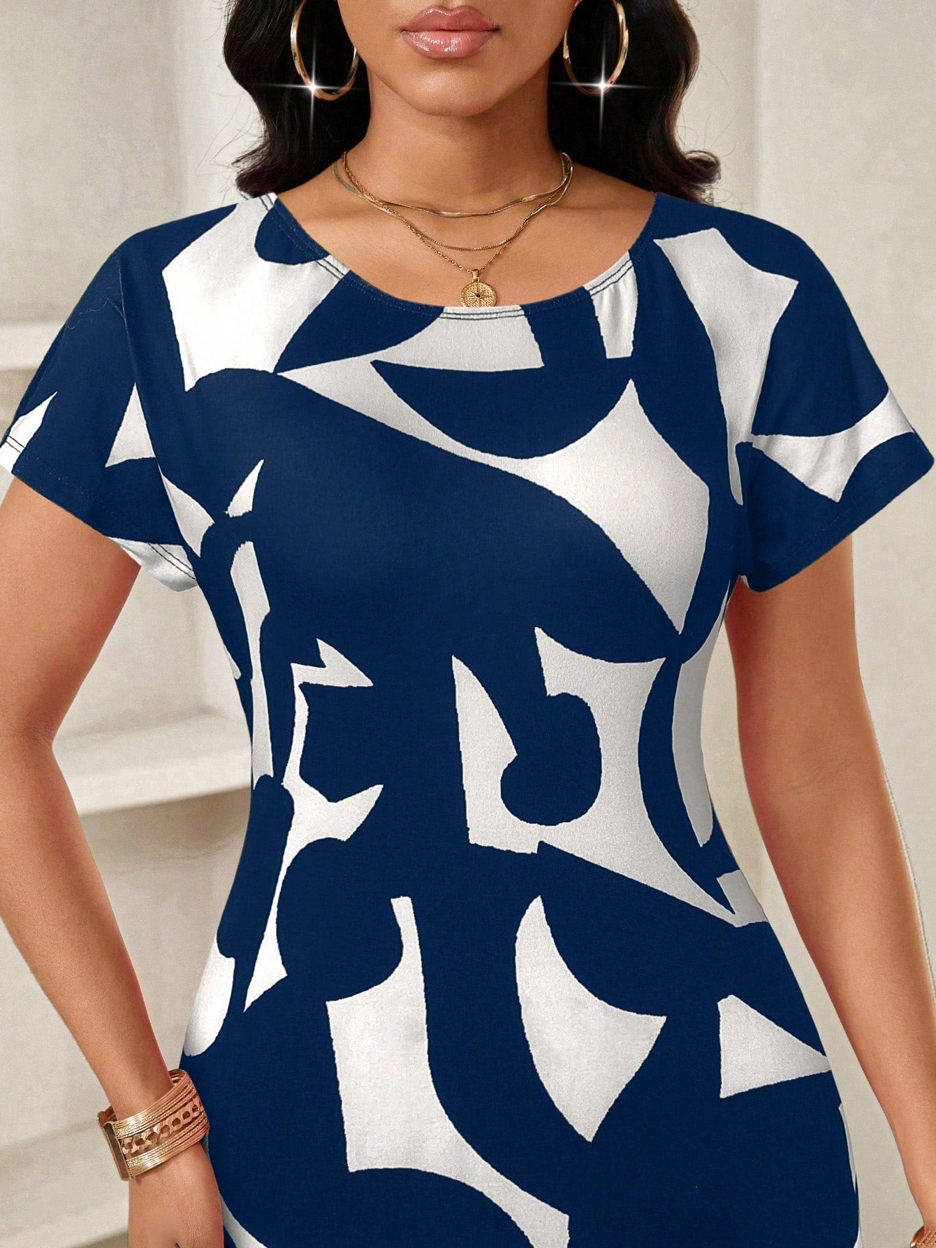 Lady Women's Geometric Print Round Neck Short Sleeve Elegant Maxi Dress,Navy Blue And White,Summer Casual Vacation Beach Dress,Spring Break Outfits