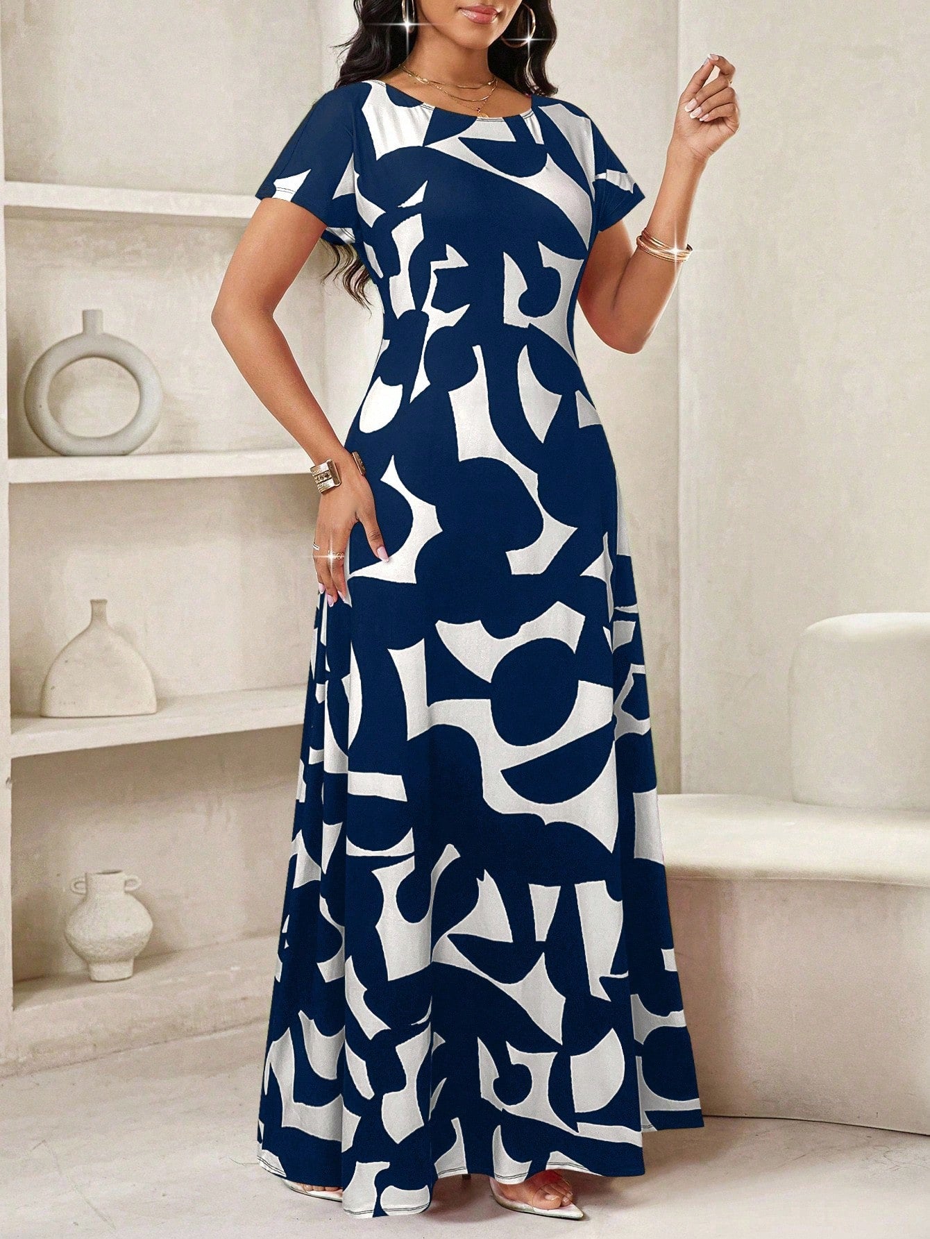 Lady Women's Geometric Print Round Neck Short Sleeve Elegant Maxi Dress,Navy Blue And White,Summer Casual Vacation Beach Dress,Spring Break Outfits