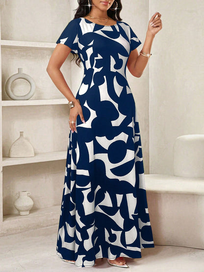 Lady Women's Geometric Print Round Neck Short Sleeve Elegant Maxi Dress,Navy Blue And White,Summer Casual Vacation Beach Dress,Spring Break Outfits