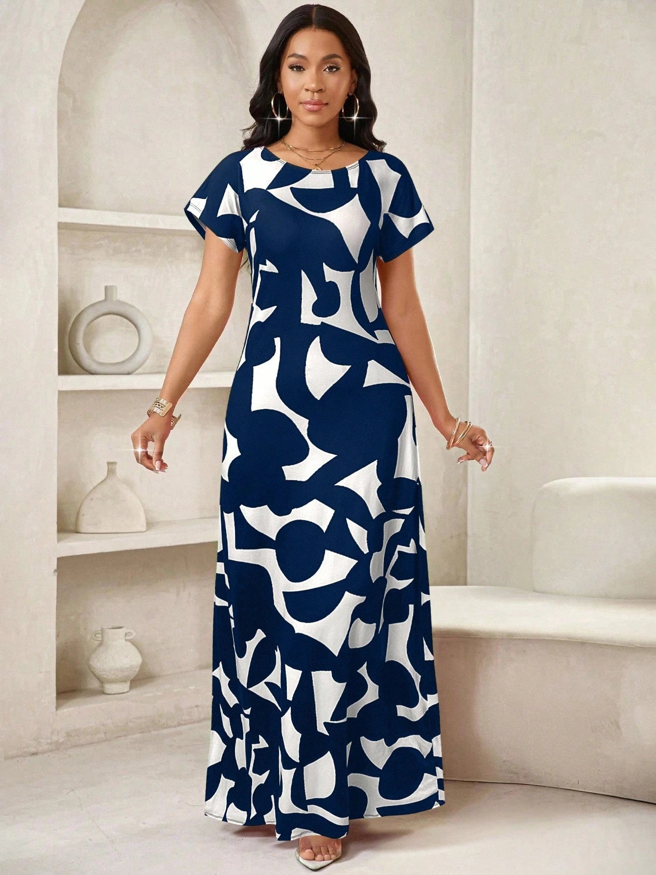 Lady Women's Geometric Print Round Neck Short Sleeve Elegant Maxi Dress,Navy Blue And White,Summer Casual Vacation Beach Dress,Spring Break Outfits